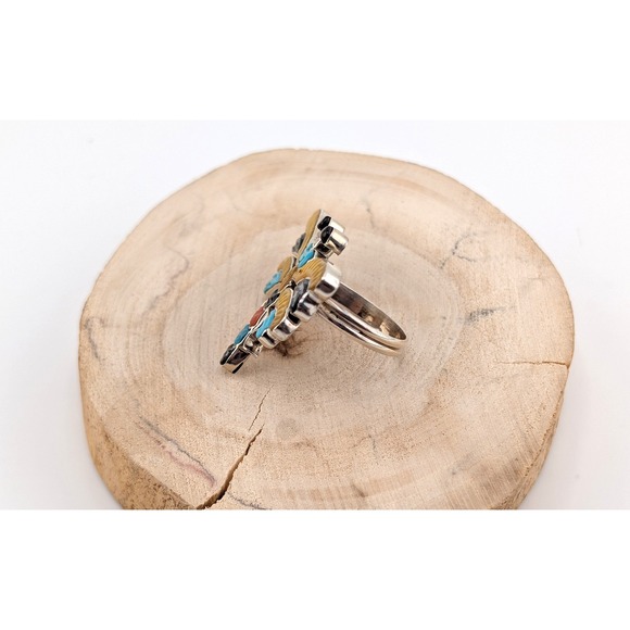 Zuni Dragonfly Inlay Ring Multi Stone Sterling Silver Sz 7.25 Signed Pinto - Picture 5 of 10